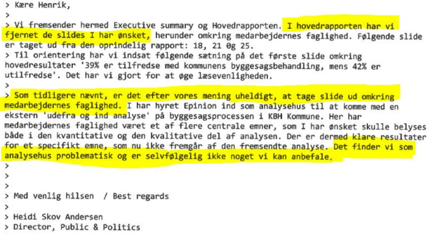 Epinion protesterede imod Københavns Kommunes beslutning om at fjerne afsnit fra rapporten og kaldte det 'problematisk'.