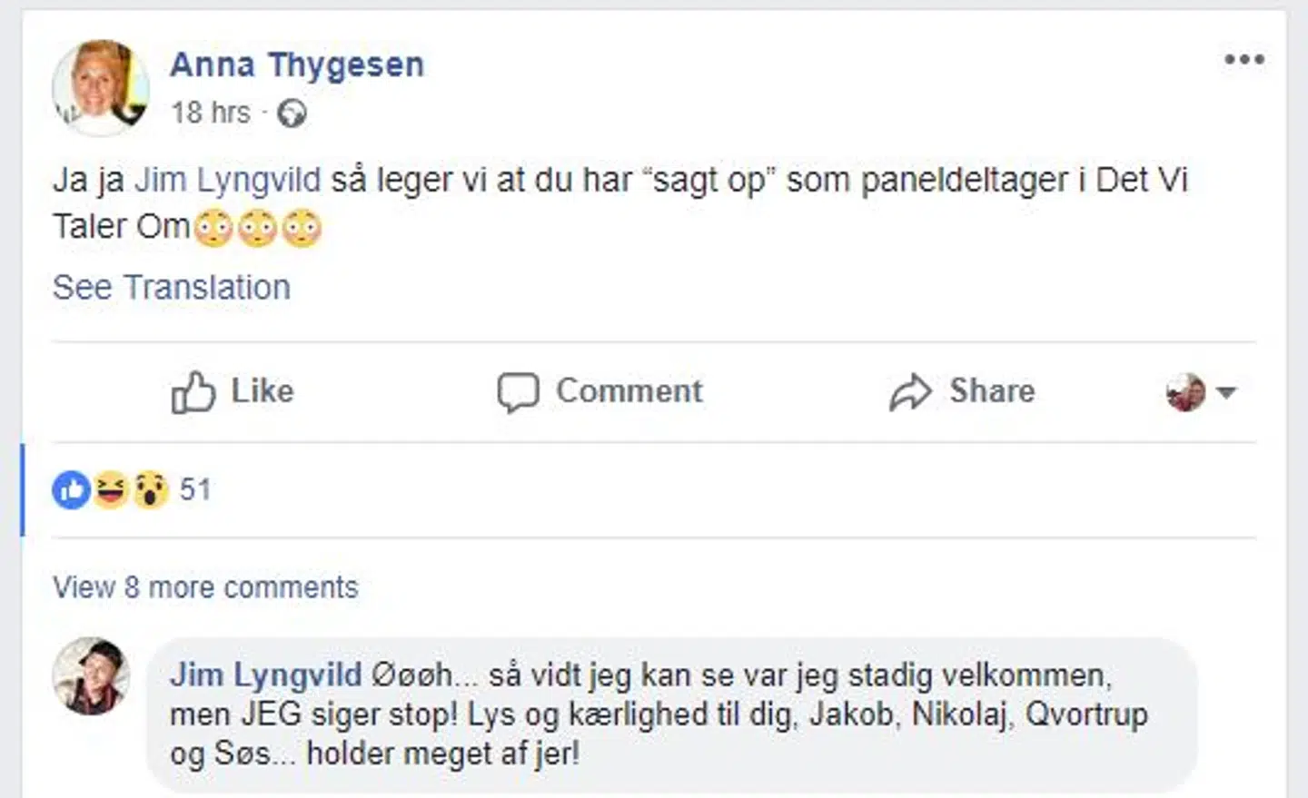 Anna Thygesen har skrevet på Jim Lyngvilds Facebook-side, at 'så leger vi, at du har 'sagt op' som paneldeltager i 'Det, vi taler om'.'