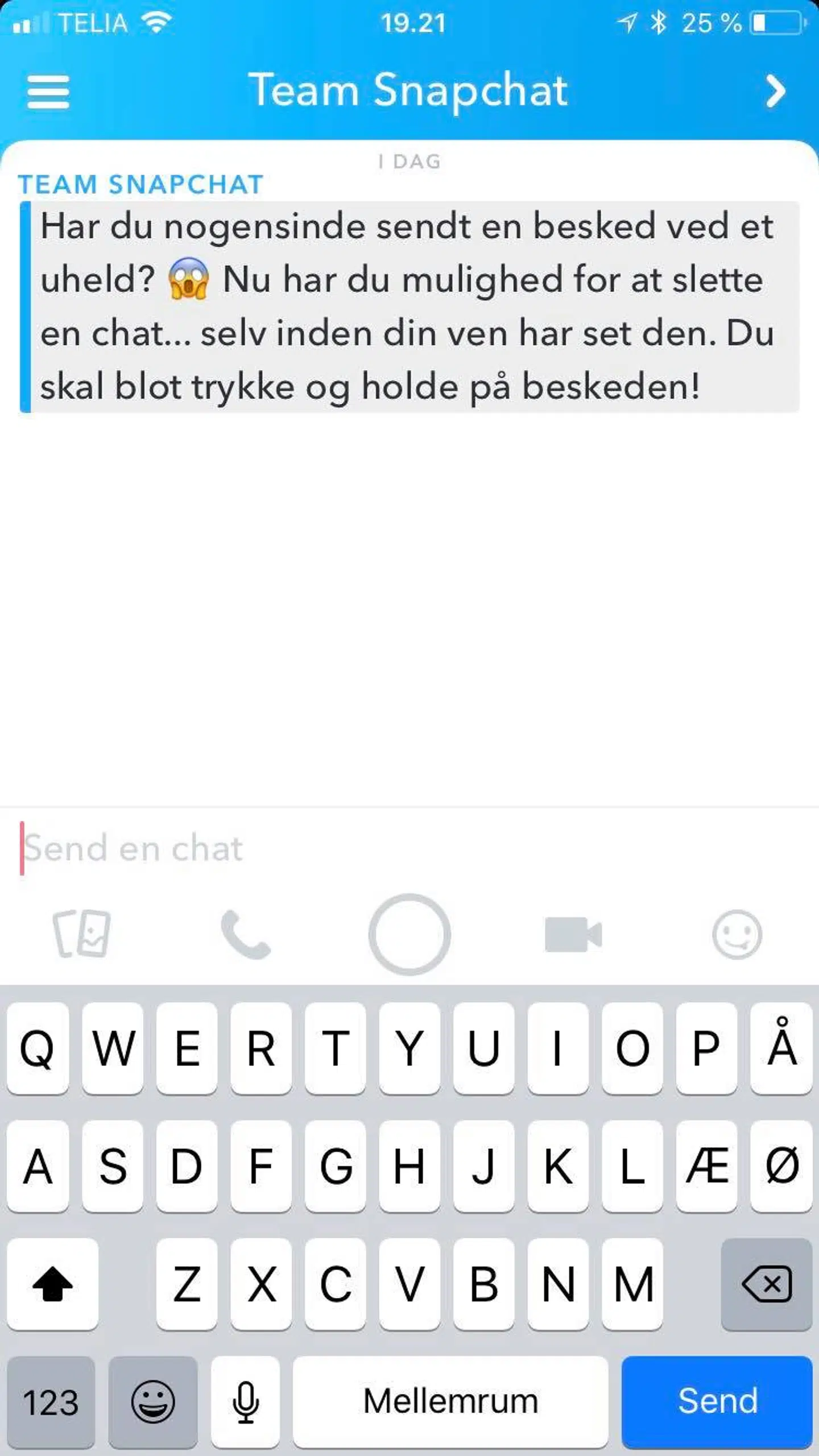 Denne besked sendte Snapchat i går ud til deres brugere. Fra nu af kan du slette beskeder, som du har sendt, hvis modtageren ikke har set den endnu.