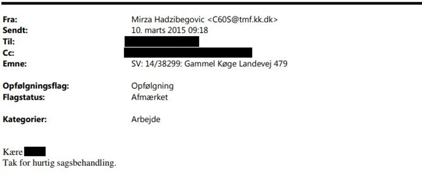Den kommunale chef i Københavns Kommune Mirza Hadzibegovic takkede gentagne gange sin tidligere kollega i Hvidovre Kommunes byggeafdeling for hurtig sagsbehandling, da han hjalp en privat kunde med at få en byggetilladelse.