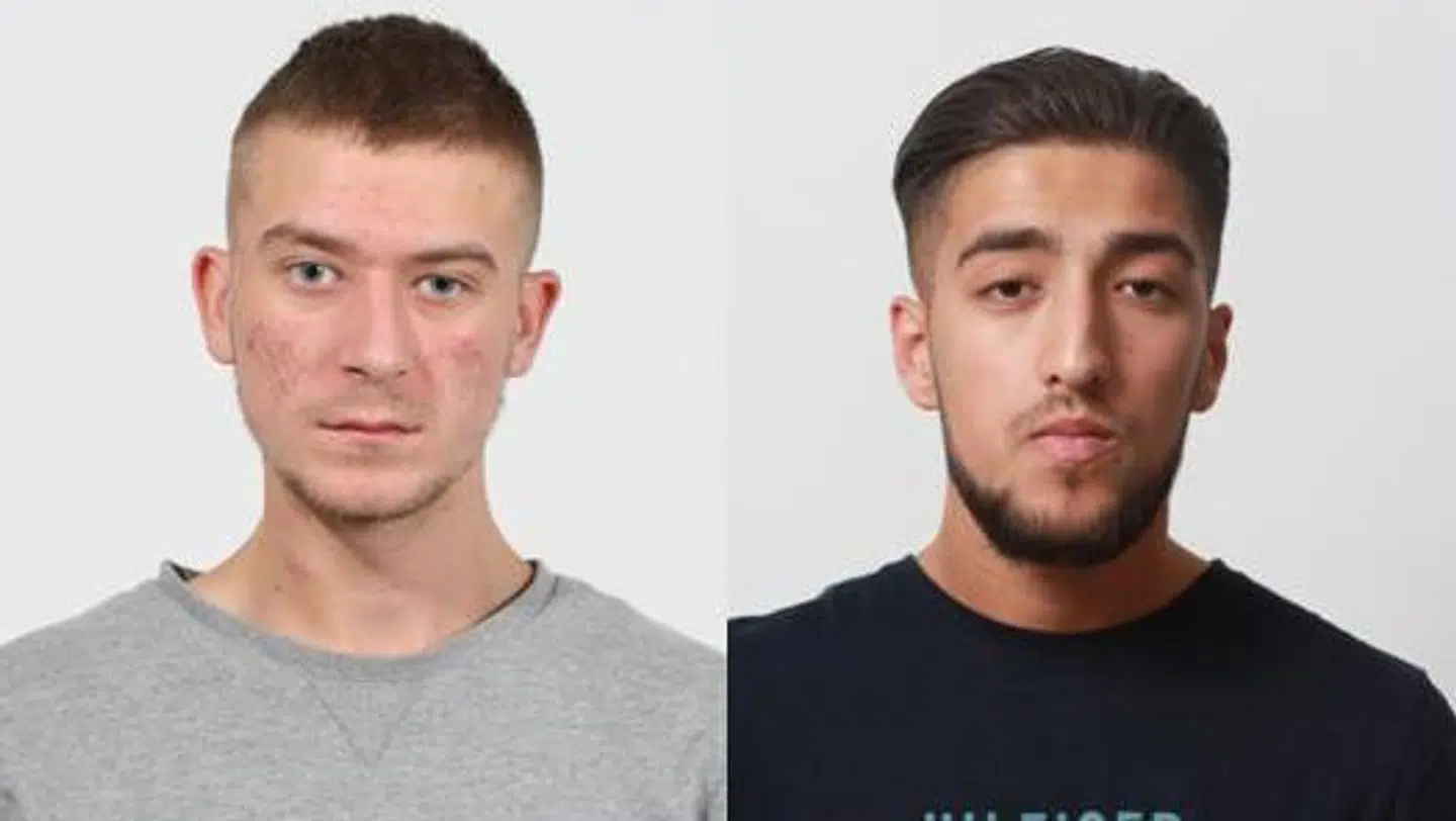 Mikkel Møldrup Jensen (tv.) og Noah Altibay er efterlyst. De er mistænkt for at have medvirket i et groft biltyveri hos en bilforhandler i Viborg tidligere i maj.