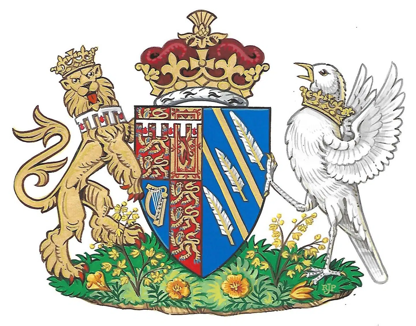 Våbenskjoldet for Meghan Markle, der nu bærer titlen hertuginde af Sussex.