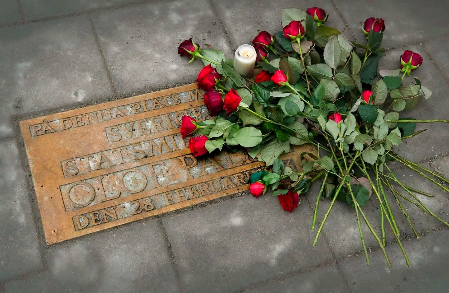 På årsdagen for mordet blev der lagt røde roser ovenpå Olof Palmes mindeplade i 2011.