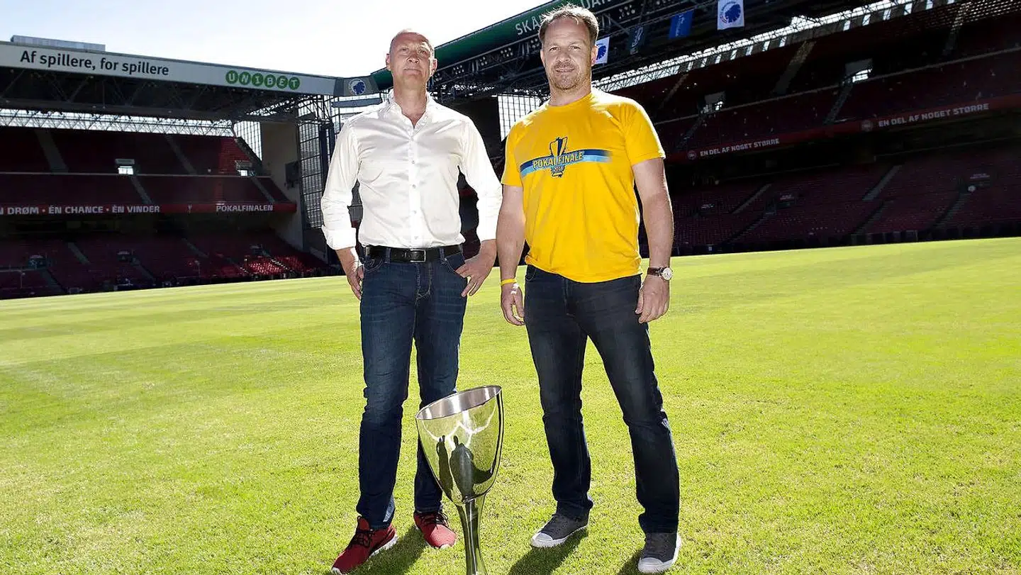 Silkeborgs Peter Sørensen og Brøndbys Alexander Zorniger til pressemødet i Parken forud for pokalfinalen.