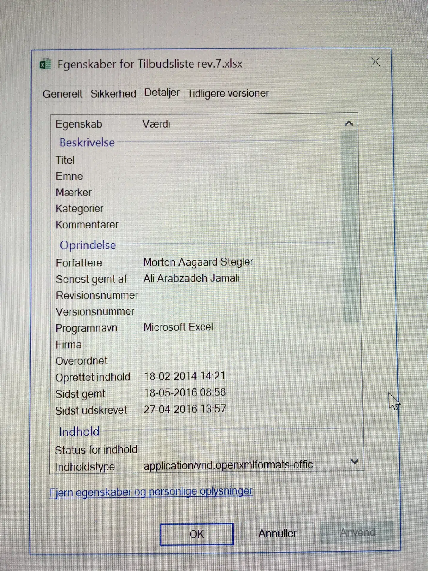 Tilbudslisten over totalrenoveringen blev udarbejdet af Øens Murerfirmas tilbudsberegner Morten Aagard Stegler og redigeret af firmaets byggeleder Ali Jamali. Her ses screenshot af Excel-filens egenskaber.