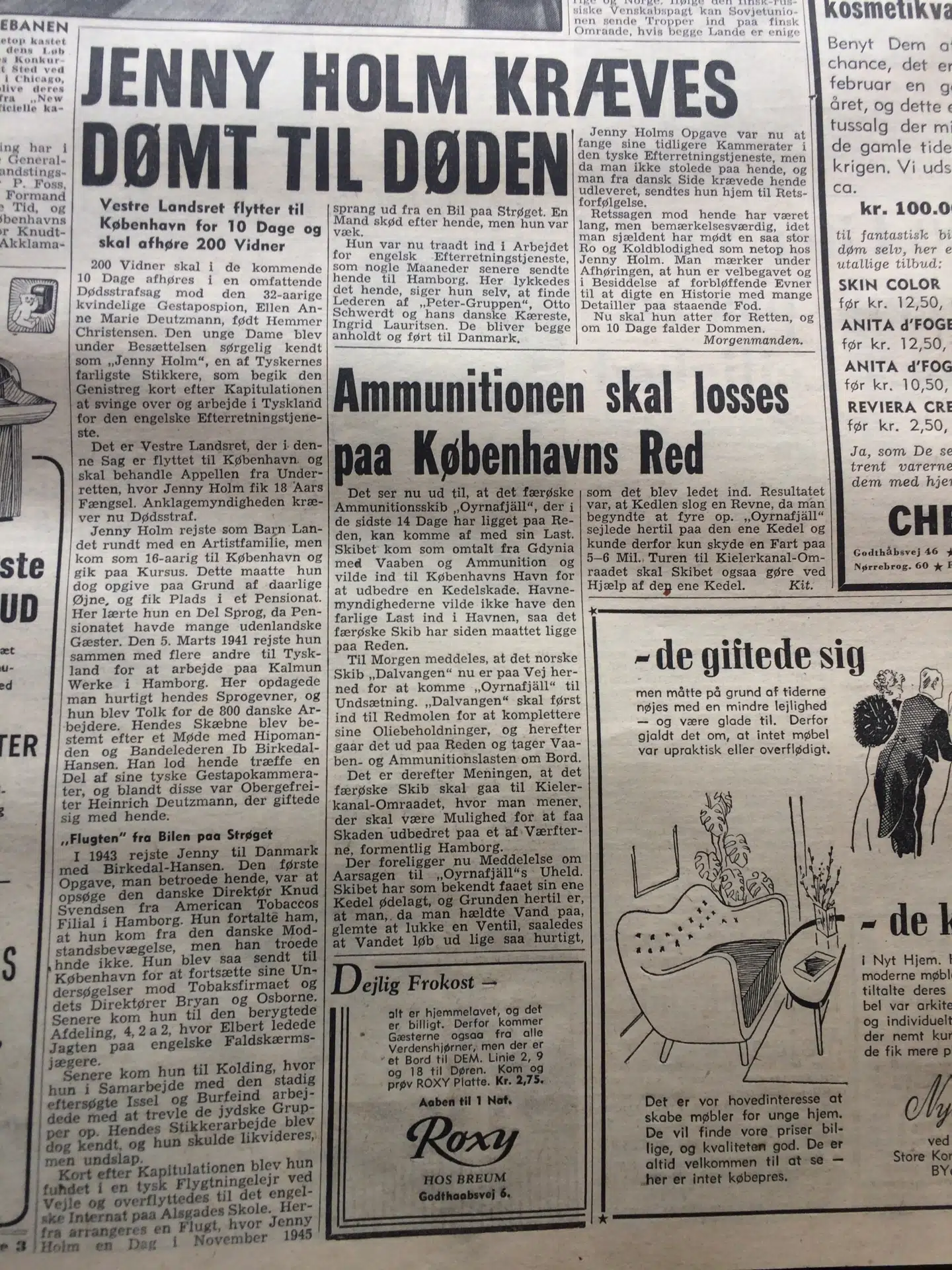 BTs artikel fra februar 1949, hvor retssagen mod Jenny Holm gik videre til Vestre Landsret efter at Underretten - som Byretten dengang hed - kun havde idømt hende 18 års fængsel, mens anklageren krævede dødsstraf.
