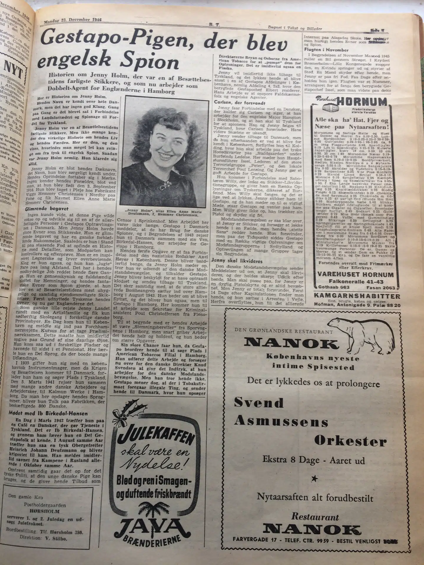 Historien om Jenny Holm, der endte med at blive spion for englænderne, fyldte godt i BT i efterkrigstiden. Denne artikel er fra december 1946.