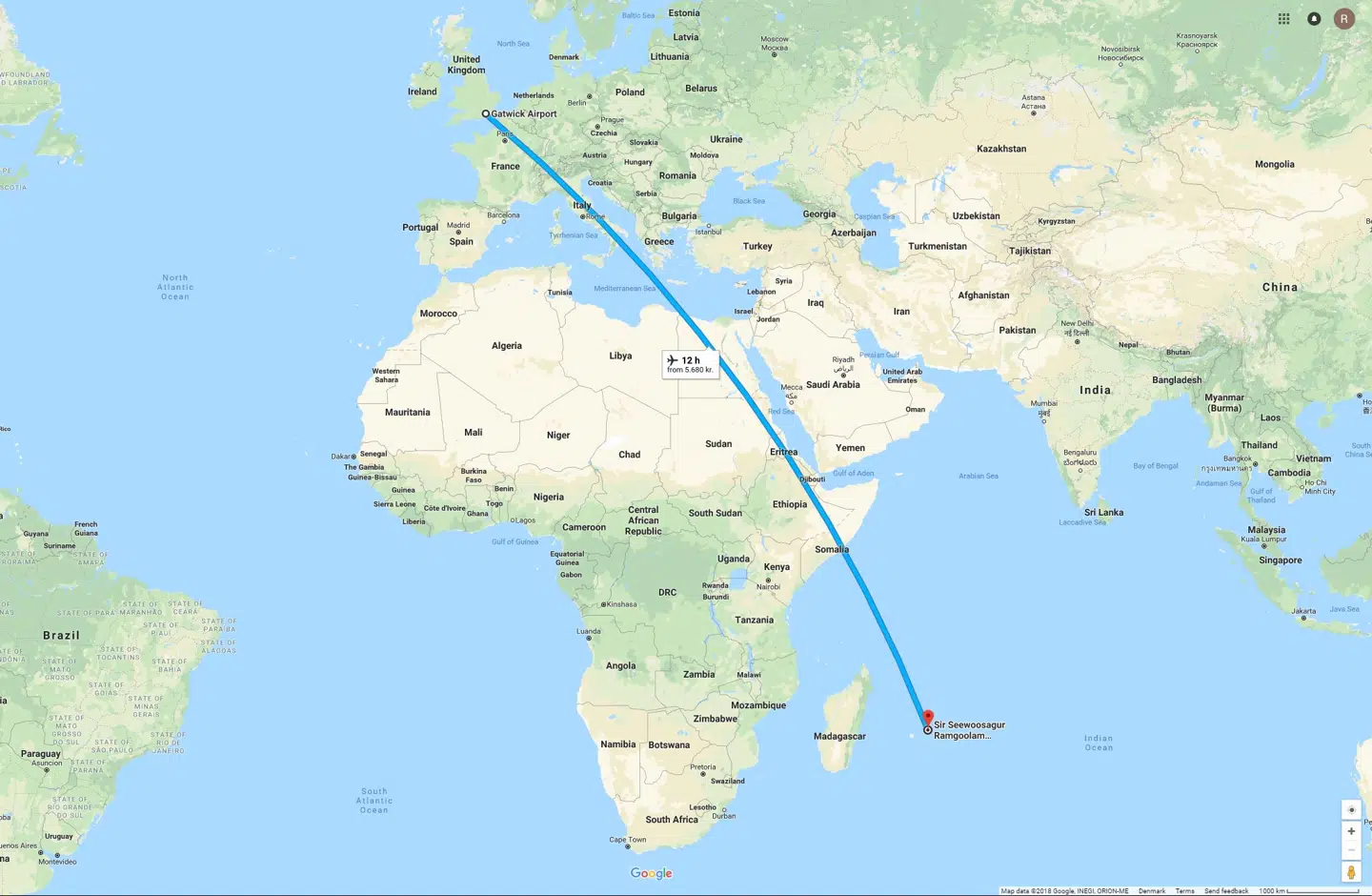 Det var denne strækning den alkoholpåvirkede pilot skulle have fløjet fra London til Mauritius den 18. januar.