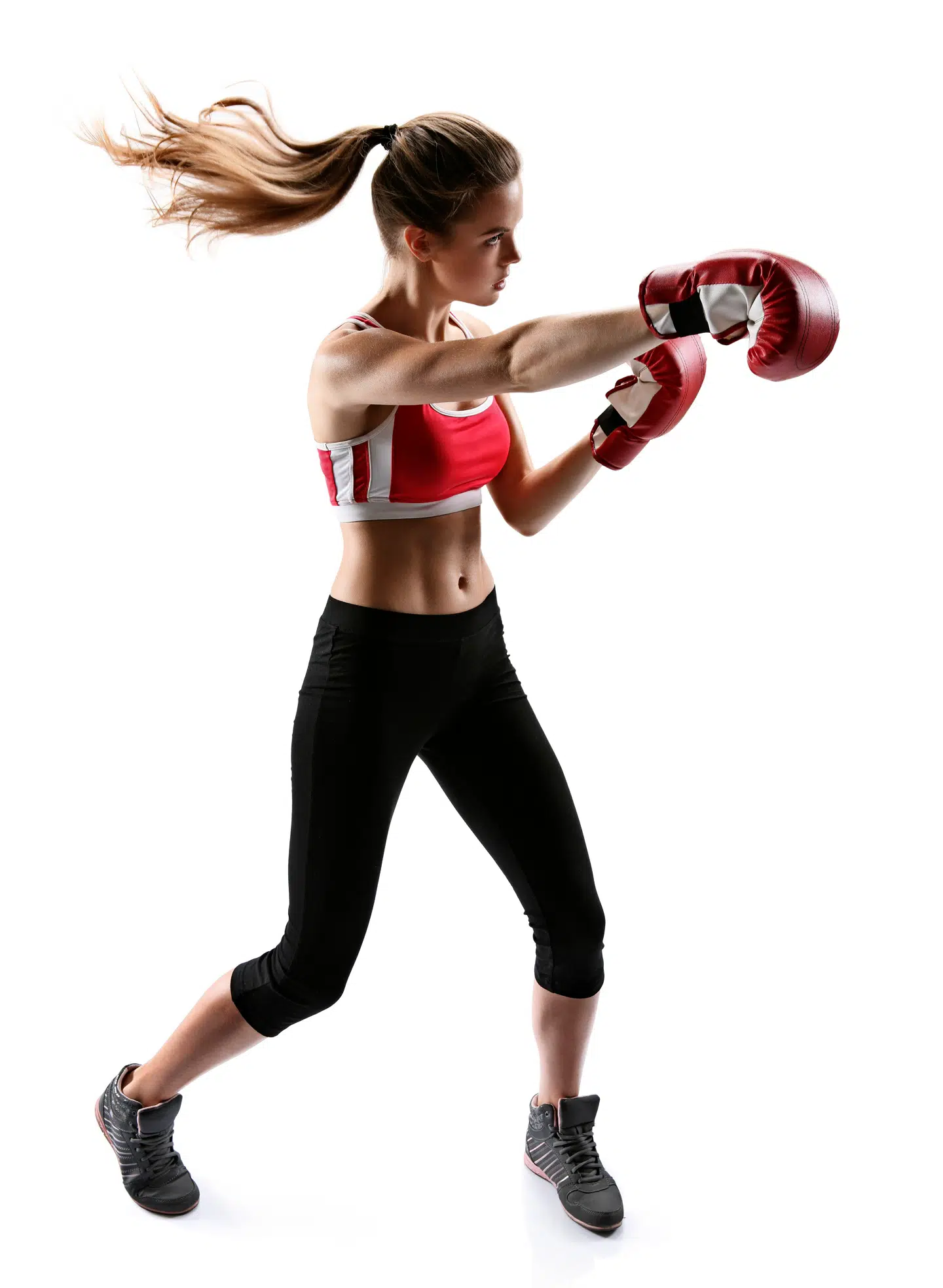 Boxing woman punching wearing boxing gloves / photo set of sporty muscular female brunette girl wearing sports clothes over white background