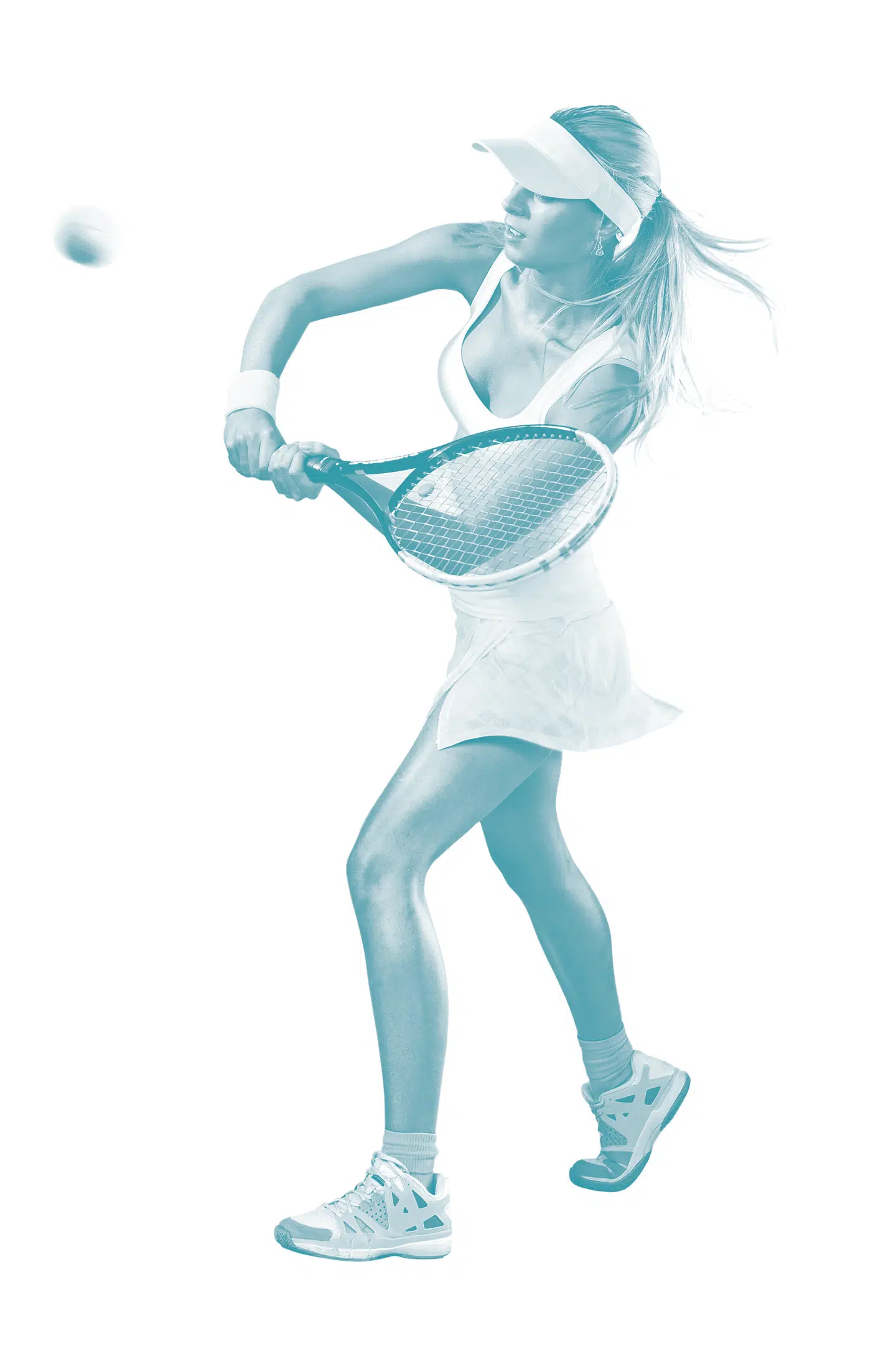Full length portrait of young woman playing tennis on a dross field. Healthy lifestyle. Isolated white background