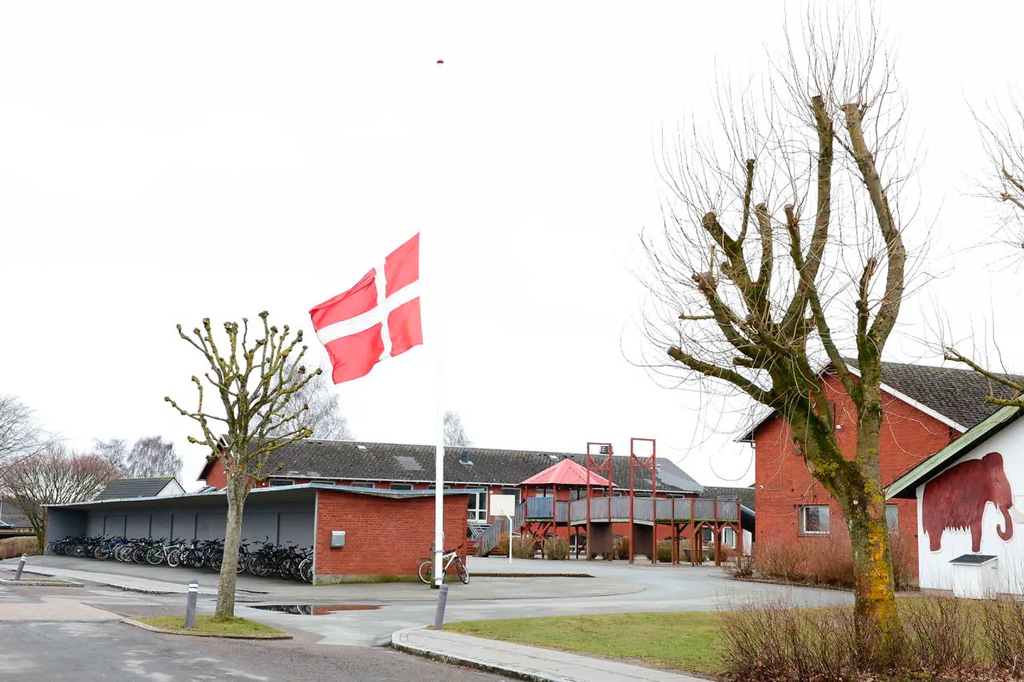Flaget på halvt ved skolen i Stenstrup.