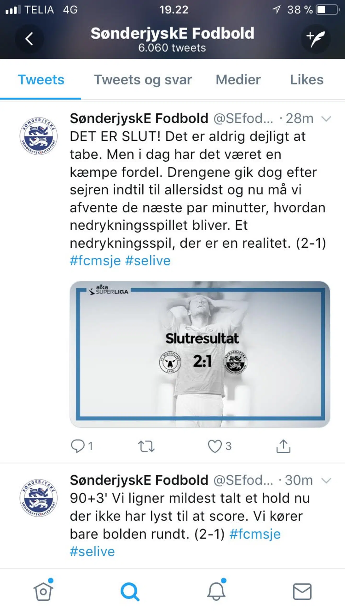 Sådan skrev SønderjyskE på Twitter efter kampen.