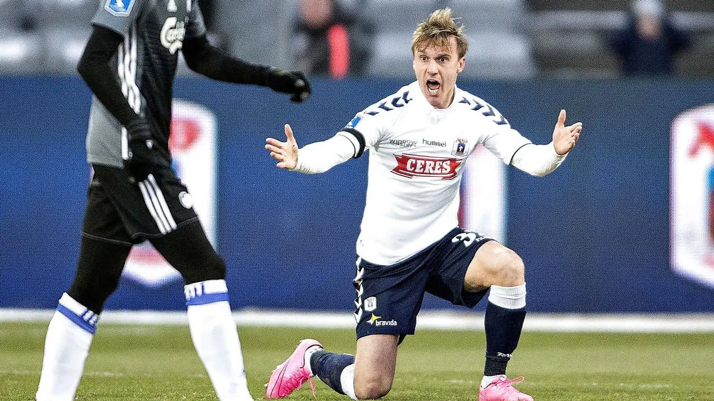 Martin Pusic i aktion for AGF i foråret.