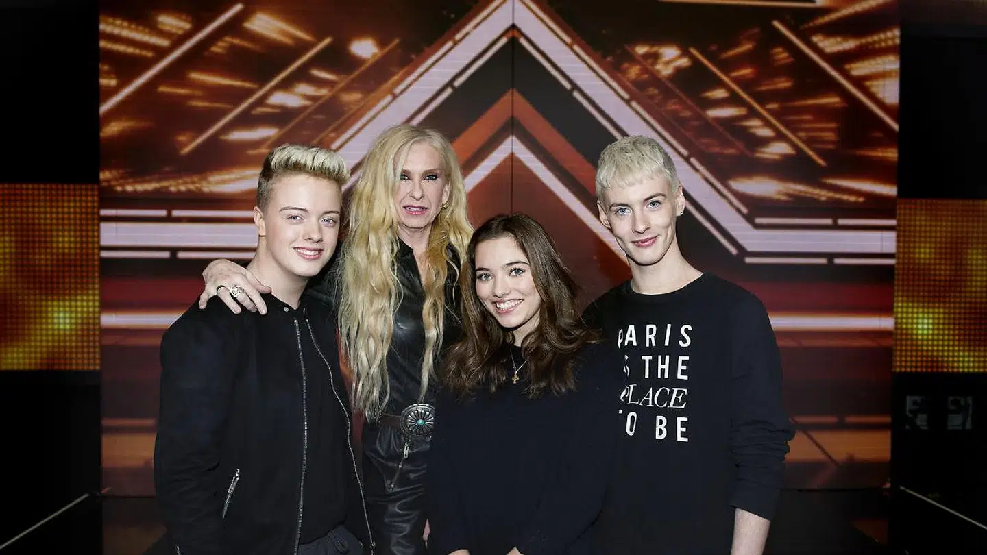 Sanne Salomonsen med sine tre deltagere Oliver, Vita og Sigmund ved X-factor pressemøde torsdag den 22 februar 2018.