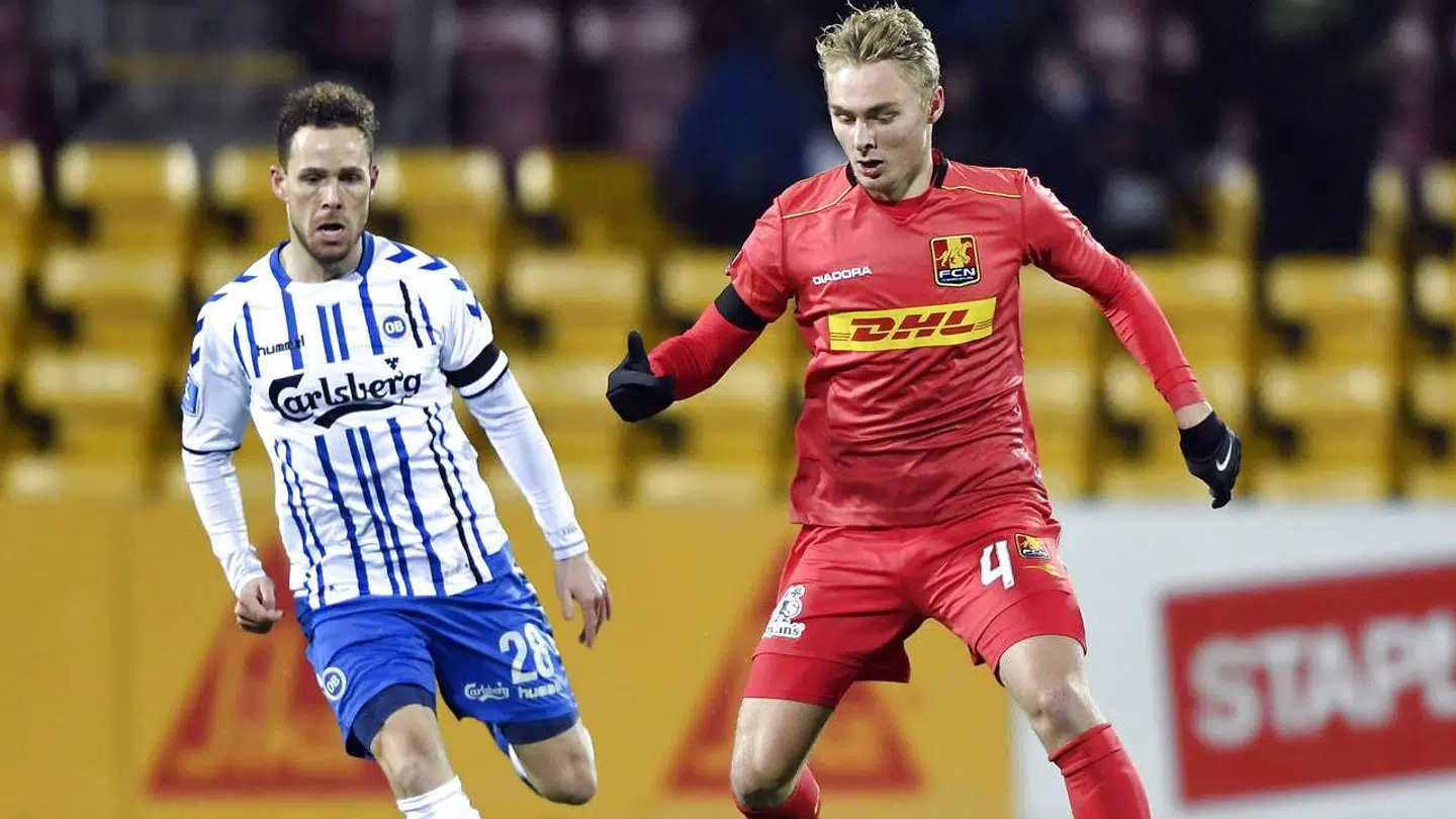 Victor Nelsson, FC Nordsjælland (4) og Anders K. Jacobsen, OB i aktion i Alka Superligakampen i Farum fredag den 16. februar 2018. . (Foto: Anders Kjærbye/Scanpix/Scanpix 2018)