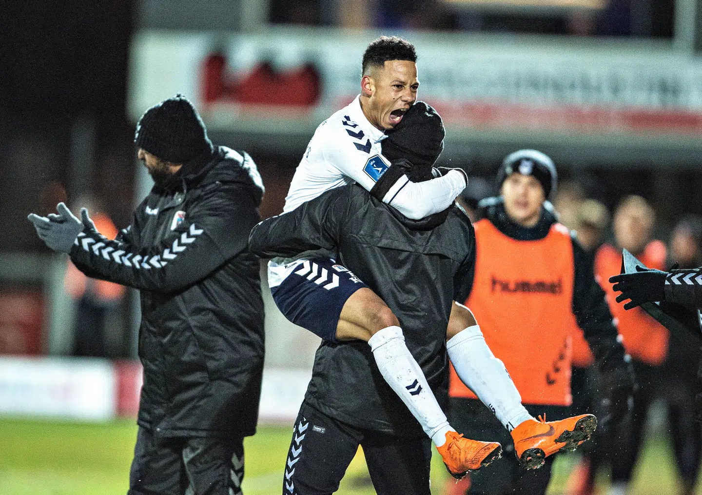 AGFs Tobias Sana har scoret til 1-0 i Alka Superliga kampen mellem Hobro IK og AGF på DS Arena i Hobro , mandag den 12. februar 2018