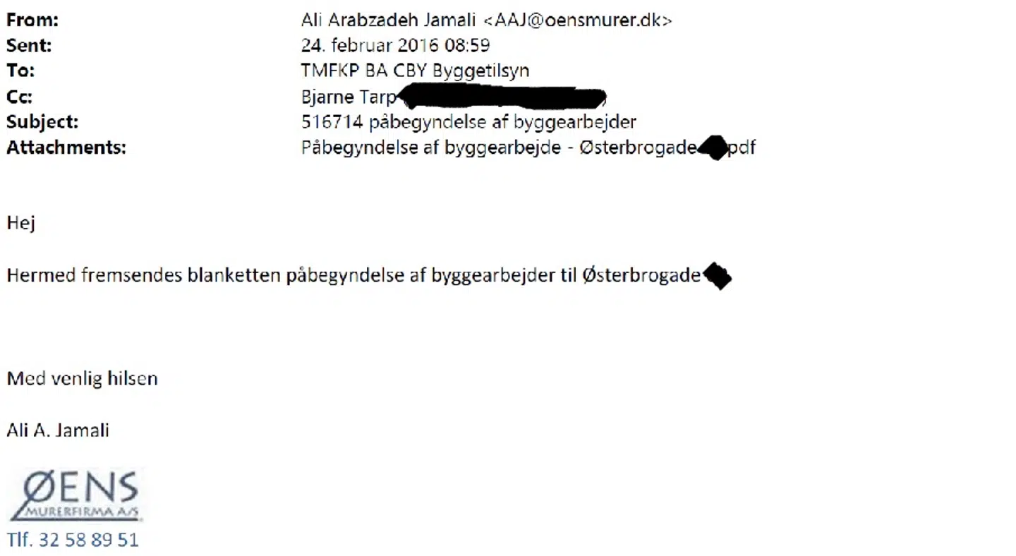 Mail fra Øens Murerfirma til Københavns Kommune.