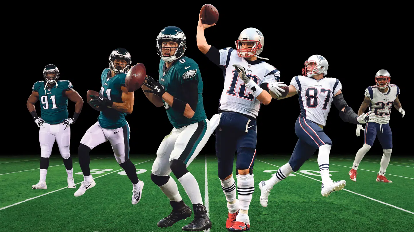 Især seks spillere kan komme til at spille nøgleroller i Super Bowl, mener Søren Hygum Hansen, medejer af Draftday.dk. Fra venstre er det Fletcher Cox, Patrick Robinson og Nick Foles fra Philadelphia Eagles samt Tom Brady, Rob Gronkowski og Patrick Chung fra New England Patriots. Fotomontage: Shutterstock og AFP