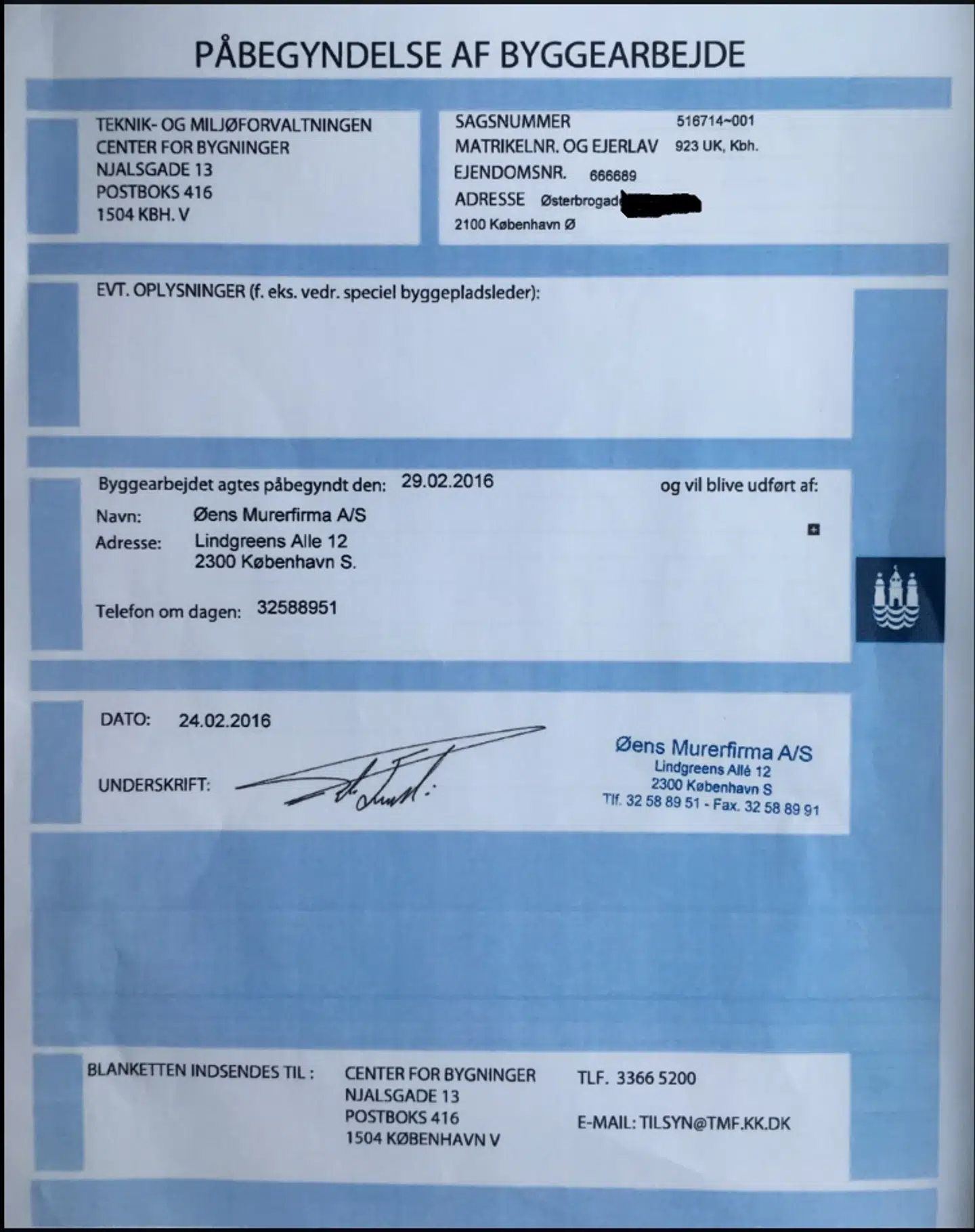 Øens Murerfirma stod også for at fjerne en bærende væg, viser dokument. Øens Murerfirmas byggeleder Ali Jamali har fremsendt blanket om påbegyndelse af byggearbejde i Anna Mee Allerslevs lejlighed til Københavns Kommune, viser dokumentet, som BT har fået via aktindsigt.Det sker i forbindelse med en tilladelse til at rive en bærende væg ned. Arbejdet vil blive udført af Øens Murerfirma, står der på blanketten. Hidtil har Anna Mee Allerslev kun fortalt, at murerfirmaet lavede »noget murerarbejde i badeværelset.«