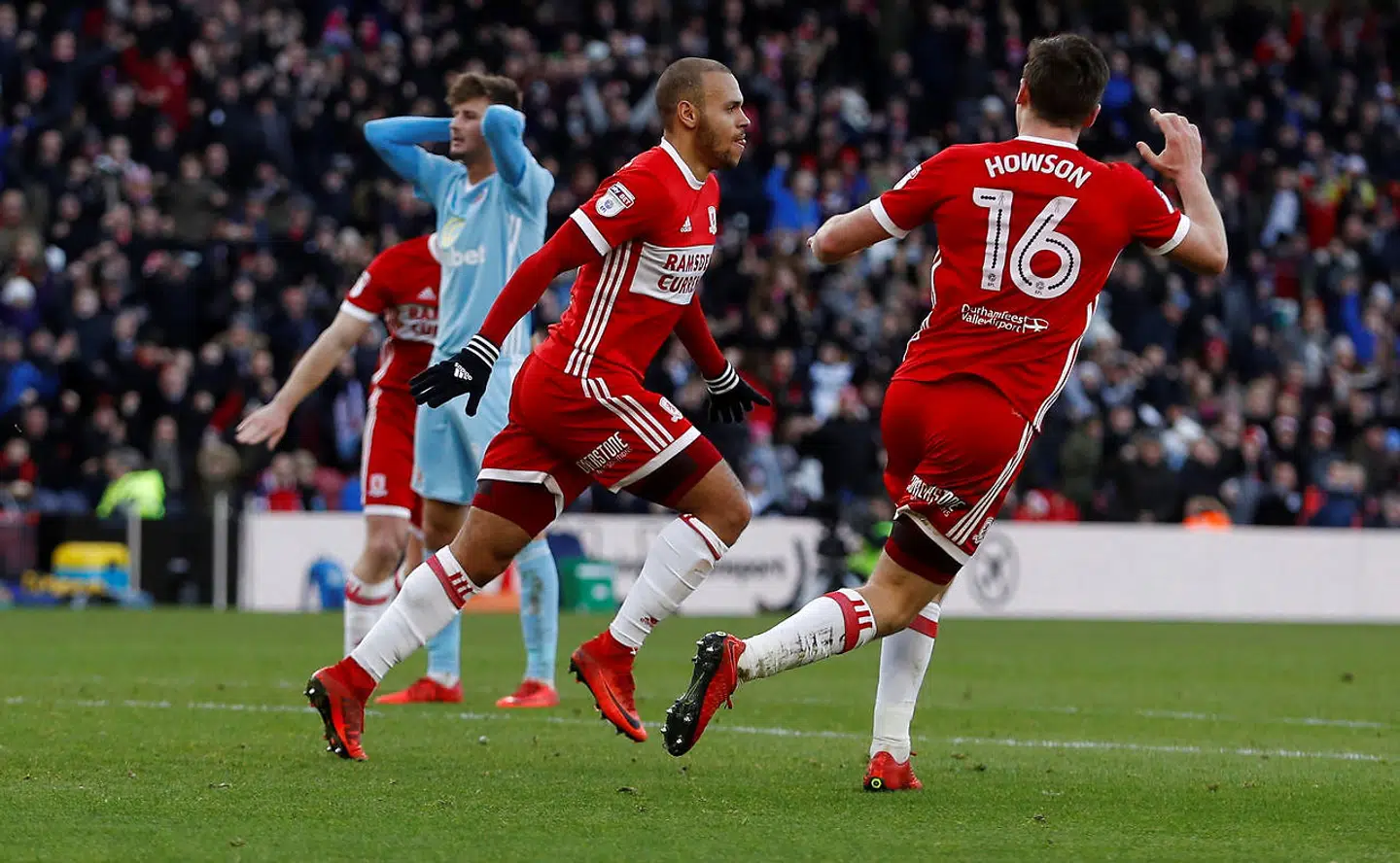 Soccer Football - FA Cup Third Round - Middlesbrough vs Sunderland - Riverside Stadium, Middlesbrough, Britain - January 6, 2018 Middlesbrough's Martin Braithwaite celebrates scoring their second goal with Jonathan Howson Action Images/Lee Smith