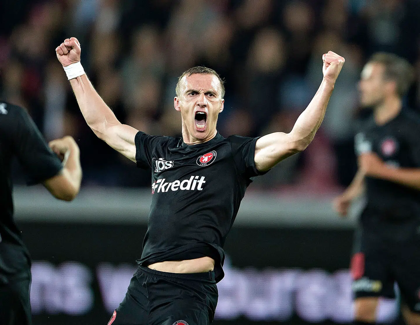 ARKIVFOTO. FC Midtjylland udlejer angriberen Martin Pusic til hollandske Sparta Rotterdam i resten af denne sæson. (se Ritzau historie 281338) FC Midtjylland - Hobro IK, Alka Superliga, MCH-Arena, Herning : FC Midtjyllands Martin Pusic scorer til 1-0 og jubler. (Foto: Henning Bagger/Scanpix 2017)