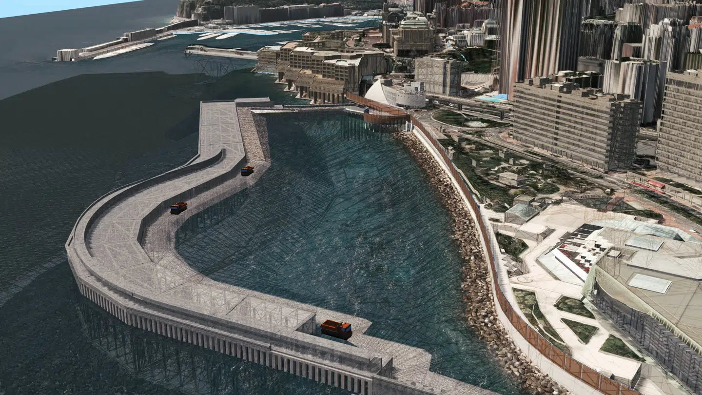 Når ydermuren er bygget færdig, tømmes området for vand og en ny 'bund' støbes ved hjælp af bl.a. tonsvis af sand fra Italien.