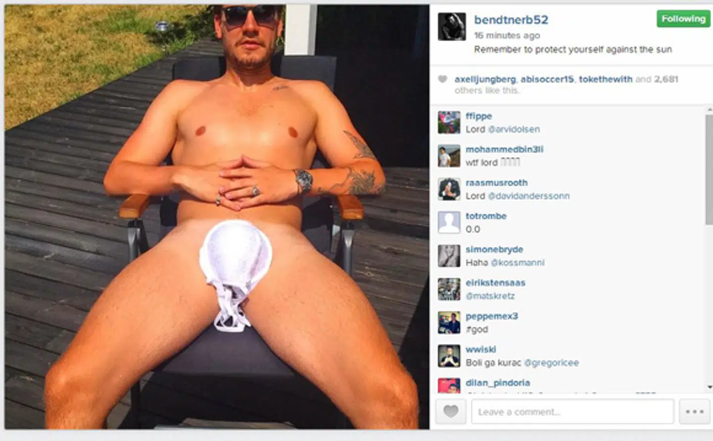 Nicklas Bendtner smider et meget omtalt billede op på Instagram af sig selv med en BH foran sit vigtigste værktøj. Det var i 2014, da han var 26 år gammel og kæreste med Julie Zangenberg.