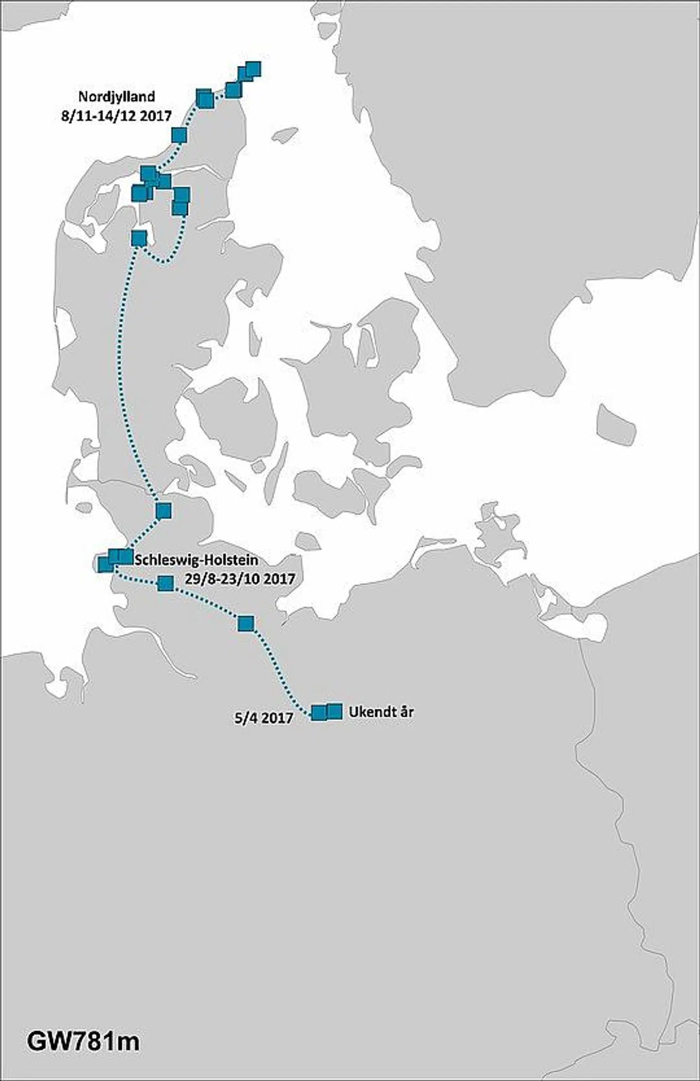 Her ses ulvens spor fra fødestedet syd for Hamborg til Vendsyssel.