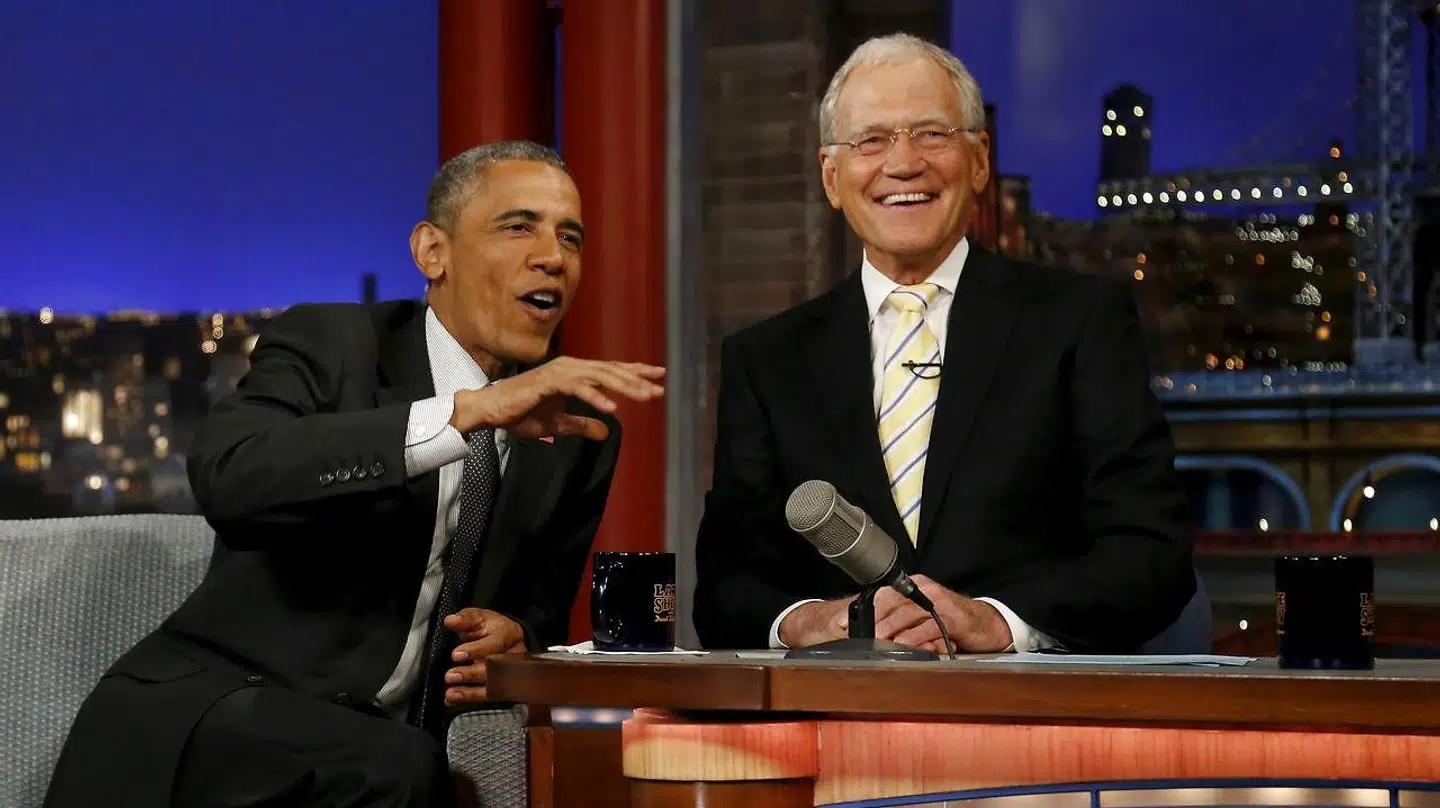 FILE PHOTO: U.S. President Barack Obama tapes an appearance on the Late Show with David Letterman at the Ed Sullivan Theater in New York, U.S., May 4, 2015. REUTERS/Jonathan Ernst/File Photo