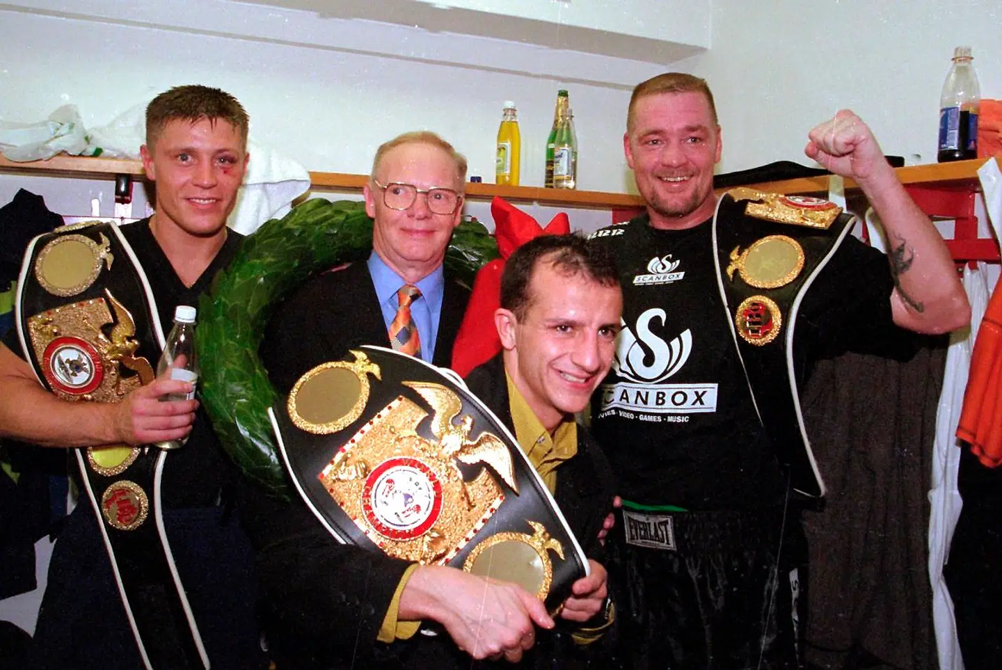 Mogens Palle med sine tre guldrenge Mads Larsen, Brian Nielsen og Jesper D Jensen.