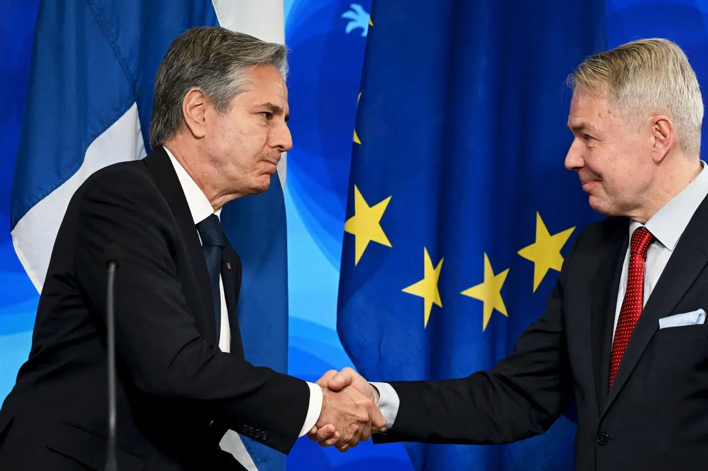 Antony Blinken til venstre og Pekka Haavisto i Finland, da de har underskrevet erklæringen om udvikling af 6G. (Arkivfoto).