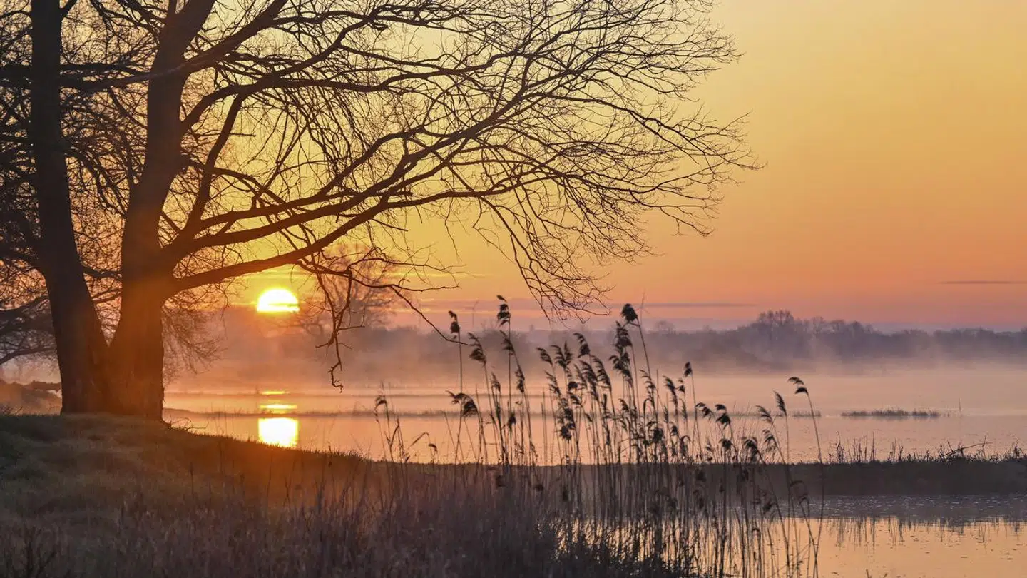 12 April 2023, Brandenburg, Lebus: Sunrise on the German-Polish border river Oder. Photo by: Patrick Pleul/picture-alliance/dpa/AP Images