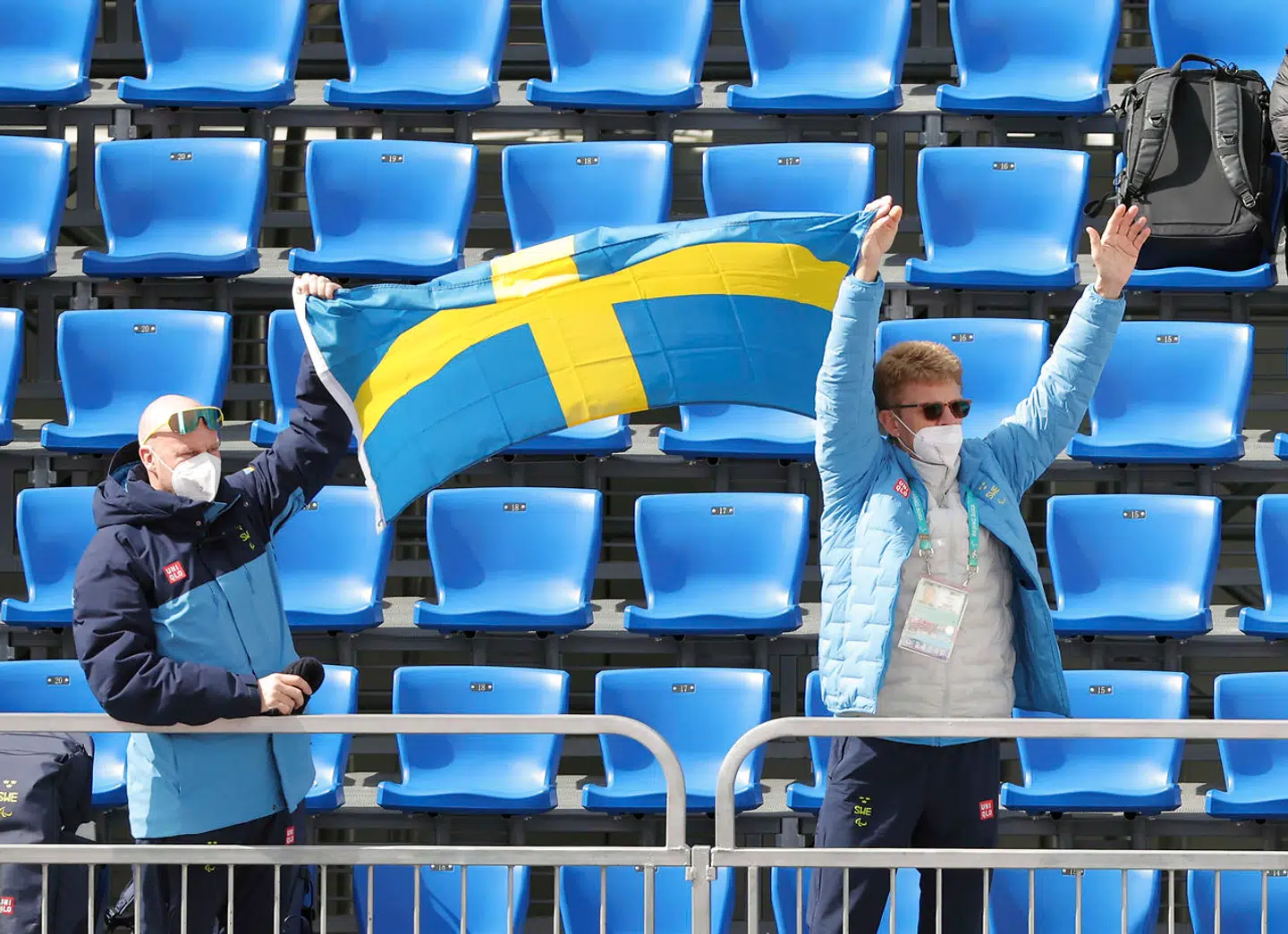 People holding Swedish flag cheer during the Women's Giant Slalomat Yanqing National Alpine Skiing Centre in Yanqing, Beijing, China on March 12 2022. AARSJOE won the event to claim the gold medal.?( The Yomiuri Shimbun via AP Images )