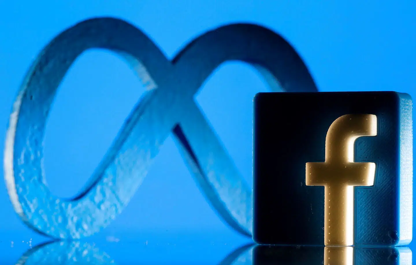 A 3D printed Facebook's new rebrand logo Meta and Facebook logo are seen in this illustration taken on November 2, 2021. REUTERS/Dado Ruvic/Illustration