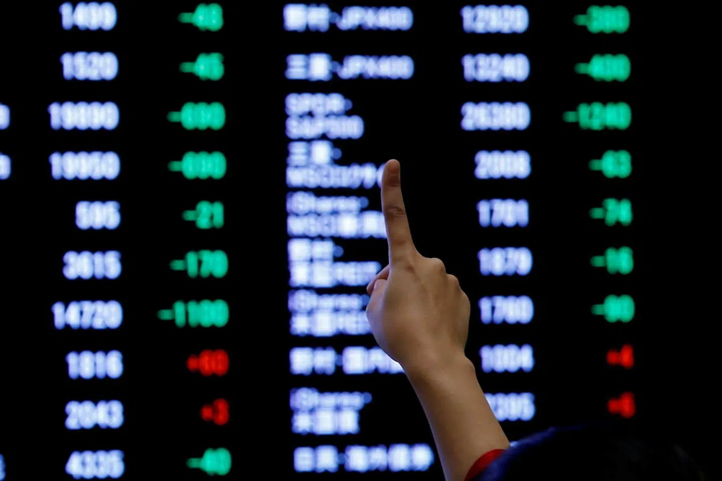 FILE PHOTO: A woman points to an electronic board showing stock prices as she poses in front of the board after the New Year opening ceremony at the Tokyo Stock Exchange (TSE), held to wish for the success of Japan's stock market, in Tokyo, Japan, January 4, 2019. REUTERS/Kim Kyung-Hoon/File Photo