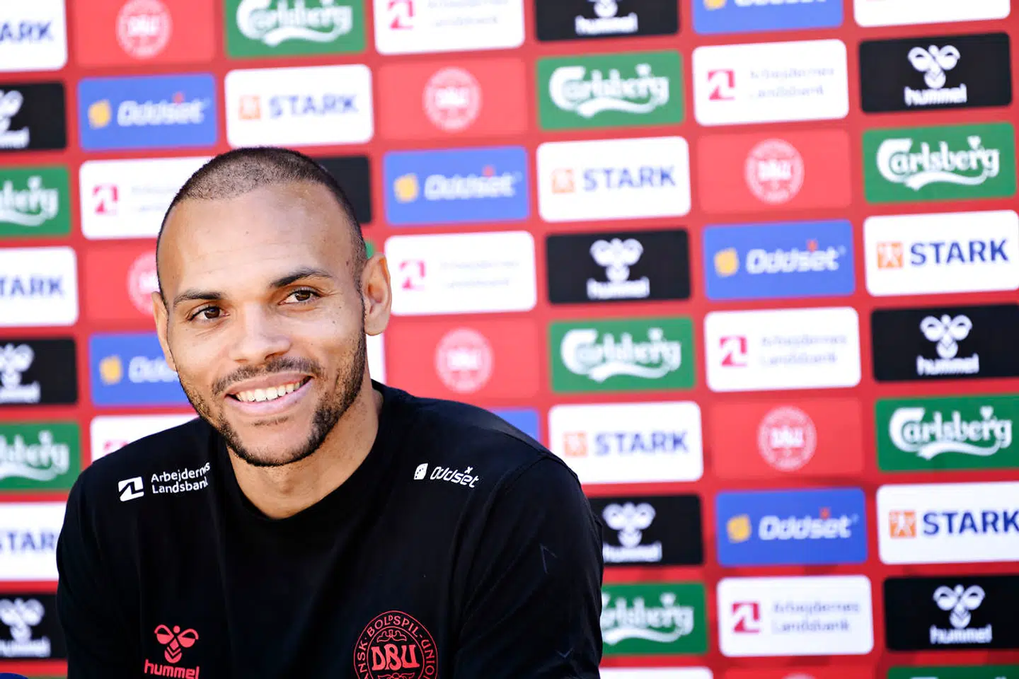 Martin Braithwaite besvarer spørgsmål, da landsholdet møder pressen i landsholdslejren Helsingør under EM mandag den 28. juni 2021.. (Foto: Philip Davali/Ritzau Scanpix)