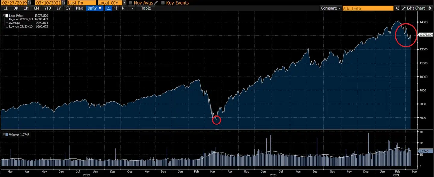 Her ses udviklingen i det teknologitunge Nasdaq-indeks fra 27. februar 2019 frem til 10. marts 2021. Den lille røde cirkel viser, hvor aktiemarkeder nåede bunden 23. marts 2020 efter coronanedturen. Den store røde cirkel de seneste ugers fald i teknologiaktierne.