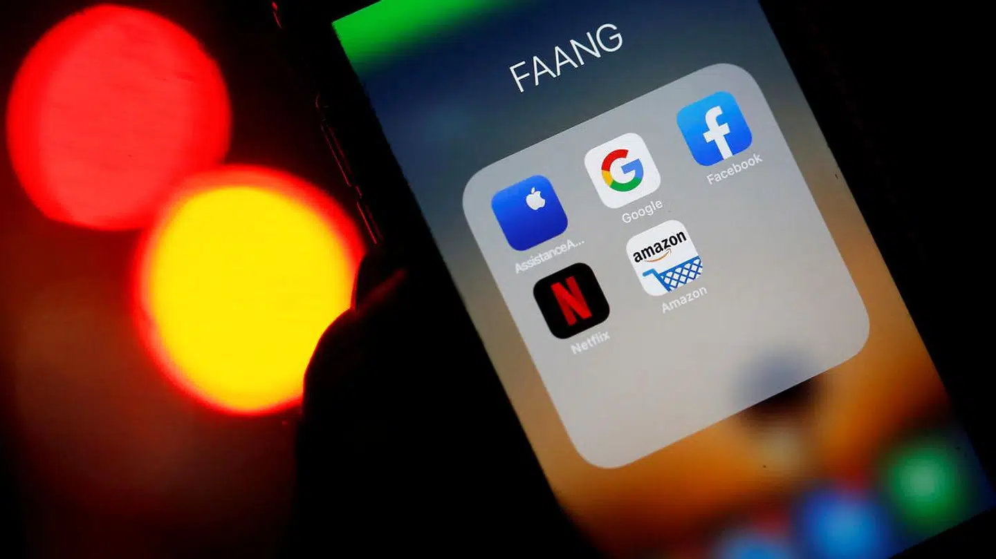 Her ses logoerne fra Google (Alphabet), Amazon, Facebook, Apple og Netflix, som også dækker over betegnelsen (FAANG)