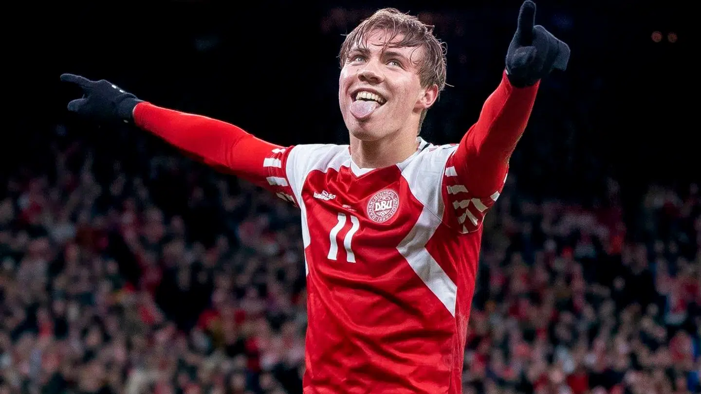 Danmarks Rasmus Højlund scorede til 2-1 under EM kvalifikationskamp mellem Danmark og Finland i Parken 23. marts 2023. (Foto: Liselotte Sabroe/Ritzau Scanpix)