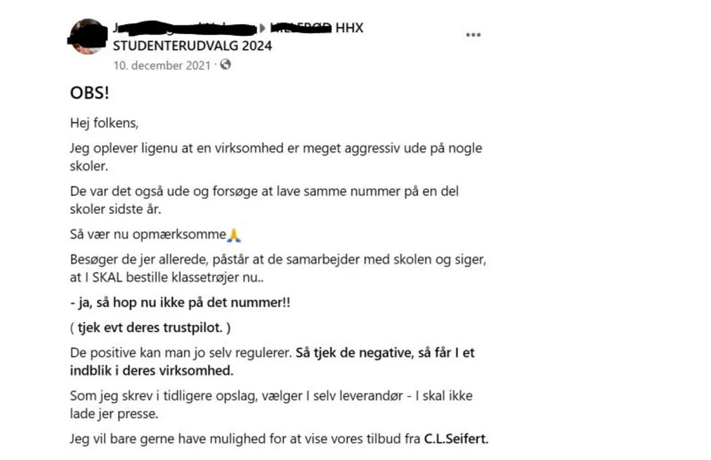 Dokumentation: Her ses besked sendt fra ansat i C.L. Seifert til 'hueudvalgene'.