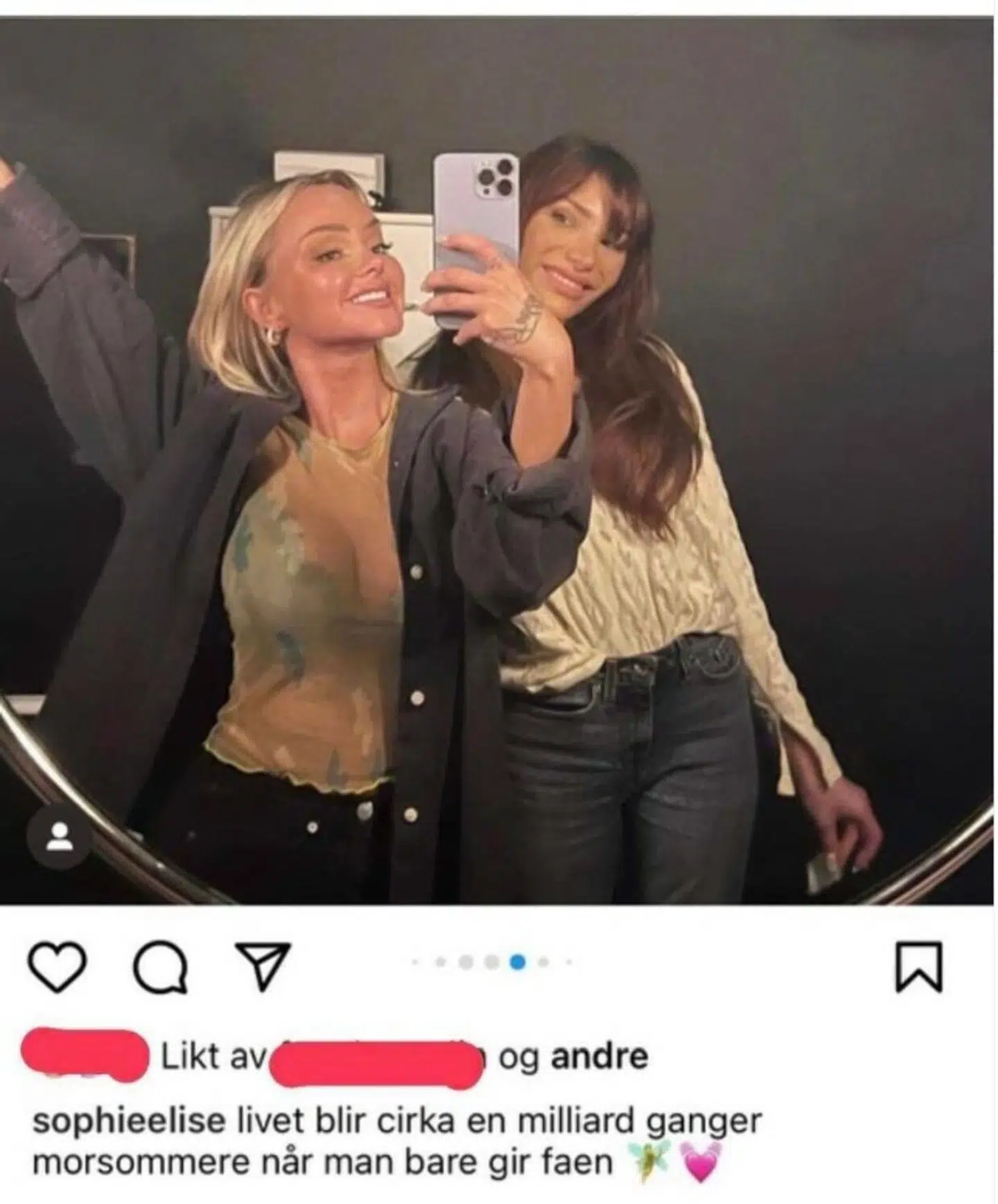Dette Instagram-opslag nåede at sende chokbølger gennem det norske kongehus, men det var snarere influenceren Sophie Elise, der mærkede konsekvenserne af den lille hvide pose pulver, som Nora Haukland holdt på billedet. Foto: Instagram.
