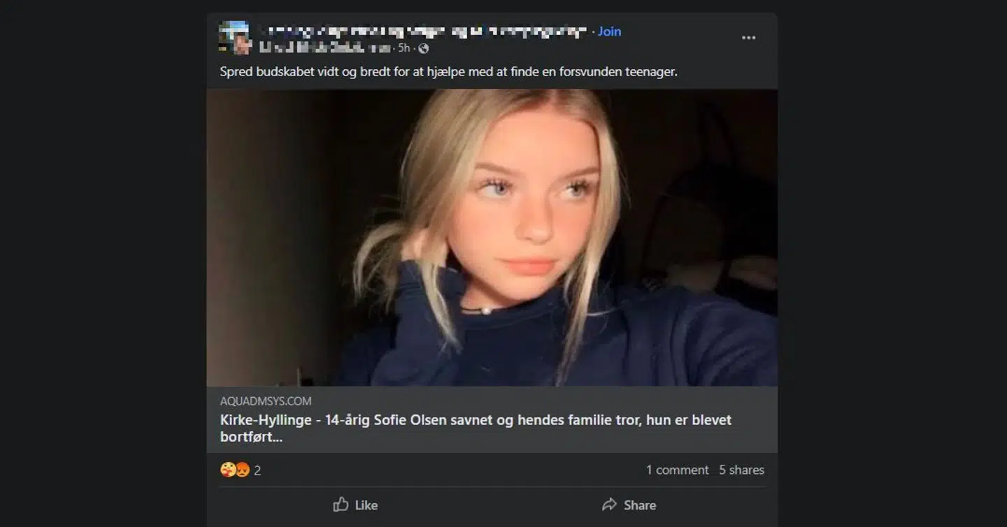 Her et screenshot af et af de mange efterlysninger, der findes på Facebook. Dette opslag er lavet så sent som mandag.