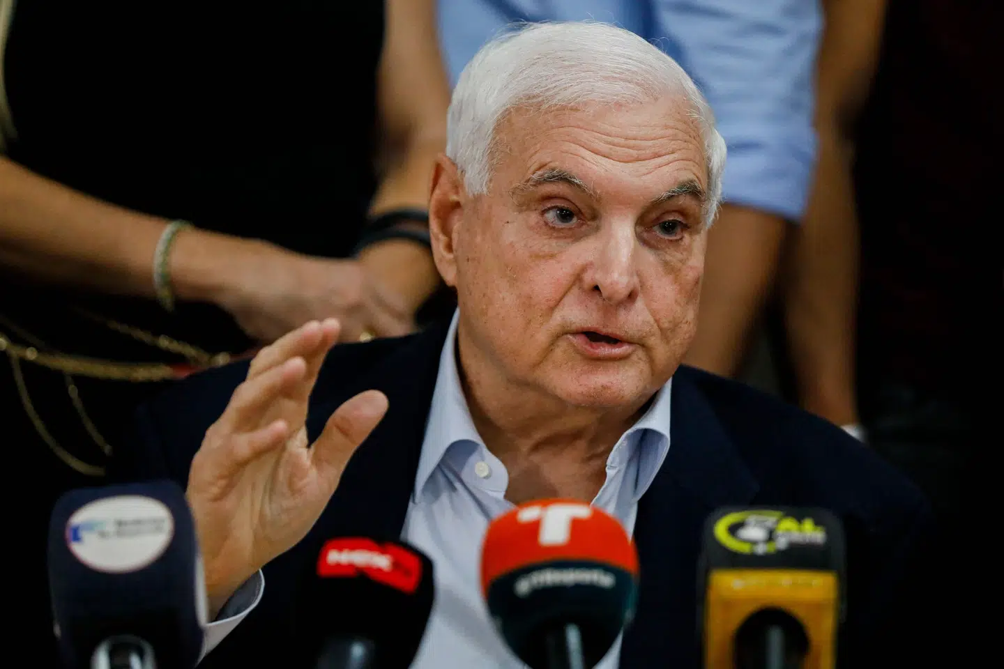 Panamas tidligere præsident Ricardo Martinelli ved et pressemøde i sidste måned. Han er nu idømt knap 11 års fængsel i en større sag om hvidvask af et trecifret millionbeløb i kroner. Roberto Cisneros/Ritzau Scanpix