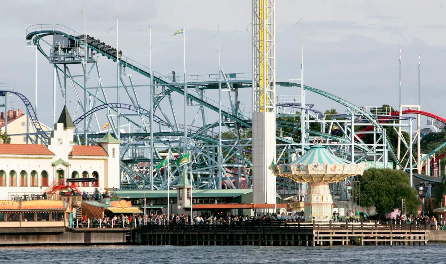 This file photo taken on September 5, 2009 shows the Jetline roller coaster at the Grona Lund amusement park in Stockholm, Sweden. A carriage in the 'Jetline' roller coaster has derailed and fallen from a height of several meters. One person died and several people have been injured, according to Swedish media reports on June 25, 2023. The amusement park is being evacuated and the police have set up cordons. (Photo by FREDRIK PERSSON / TT News Agency / AFP) / Sweden OUT