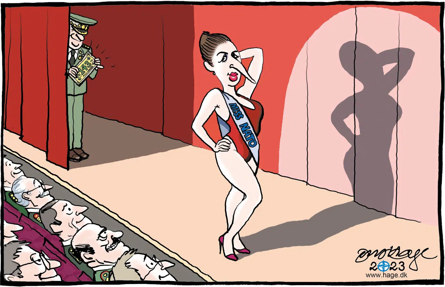 »Pludselig kom vores NATO-bidrag op på de to procent.« Sådan lød teksten, der fulgte Berlingskes satiretegning forleden. Tegningen har efterfølgende skabt debat.Tegning: Jens Hage.