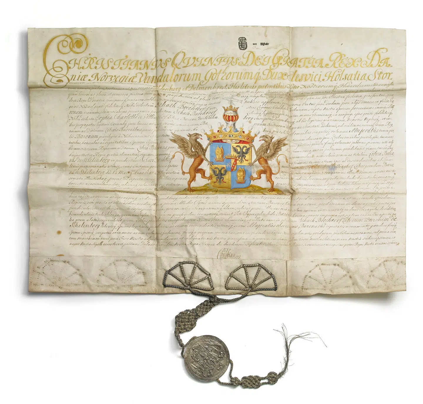 Originalt håndskrevet adelspatent, udstedt 12. september 1691 af kong Christian 5. for baron Schack von Brockdorff til Scheelenborg. Vurderet til 20.000-30.000 kroner.