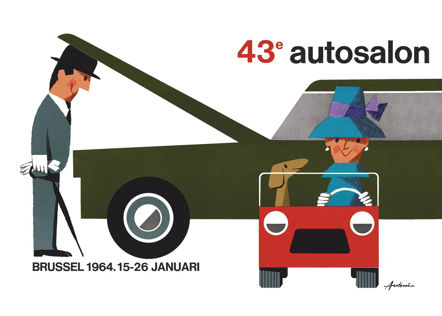 I 1964 designede Ib Antoni den offcielle plakat for en bilmesse, der var arrangeret af bilorganisationen FEBIAC. Udstillingen fandt sted i Bruxelles, og Antoni vandt over en række af de førende reklametegnere i Europa. Plakat fra udstillingen på Københavns Museum.