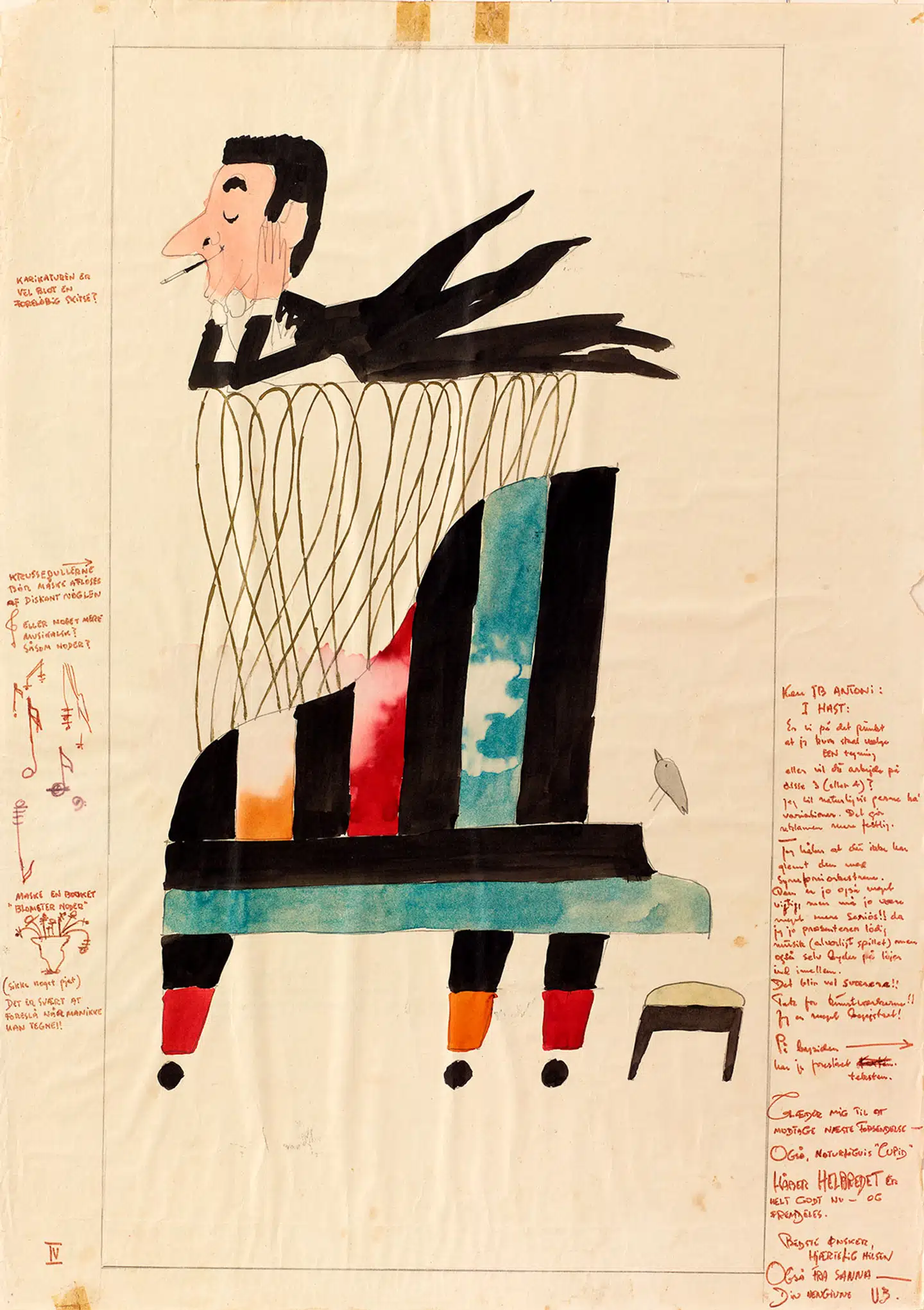 Ib Antoni blev god ven med entertaineren Victor Borge i USA. Han lavede flere plakater med Borge, der viste, at Ib Antoni kunne andet end at tegne glade mænd. Borge kommenterede selv skitserne. Plakatskitse fra udstillingen med Borges kommentarer på venstre side og Ib Antonis kommentarer på højre side. Plakat fra udstillingen.