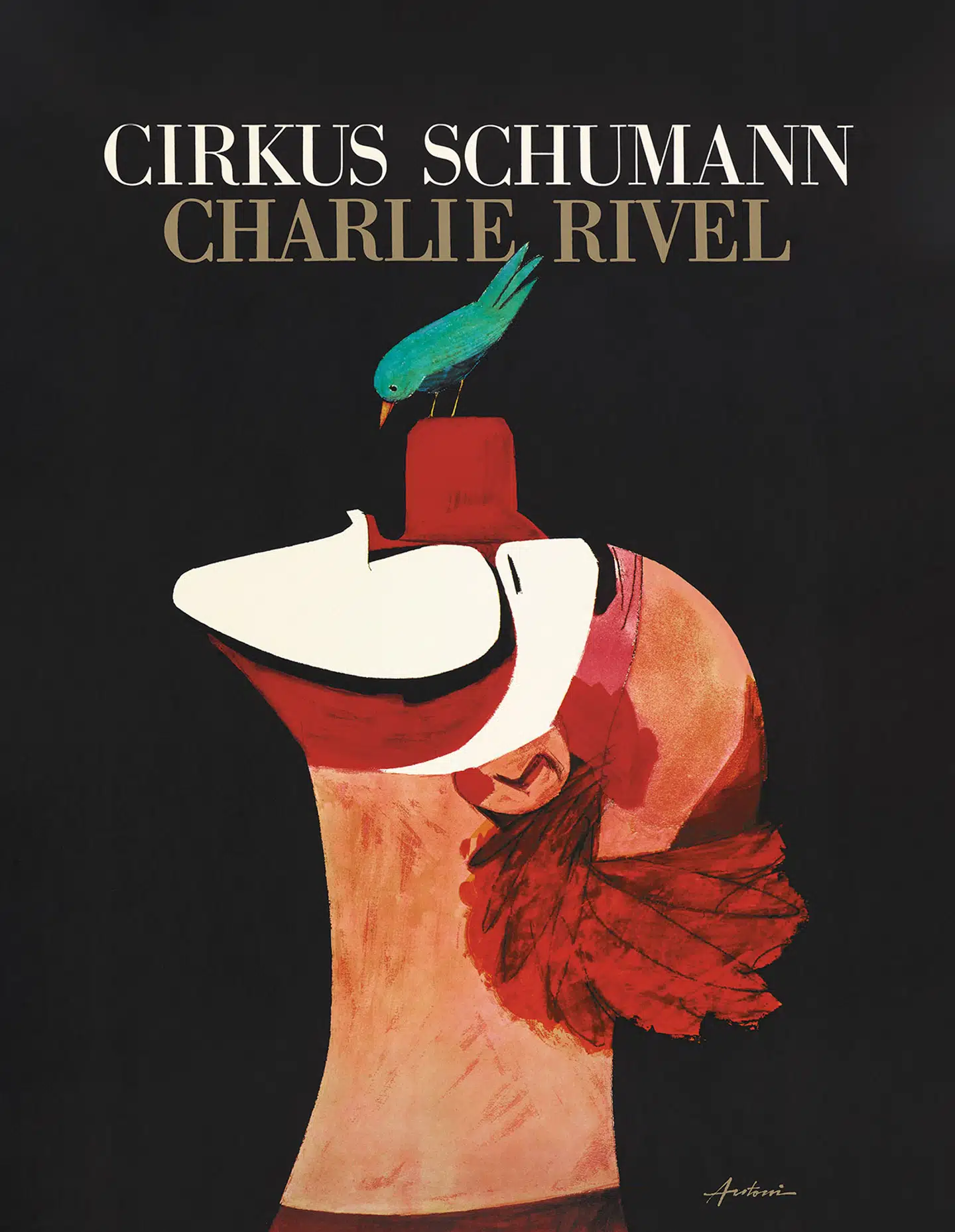 Denne ikoniske plakat af klovnen Charlie Rivel tegnede Ib Antoni i 1967. Den var Ib Antonis egen favorit blandt hans mange plakater. Plakat fra udstillingen.