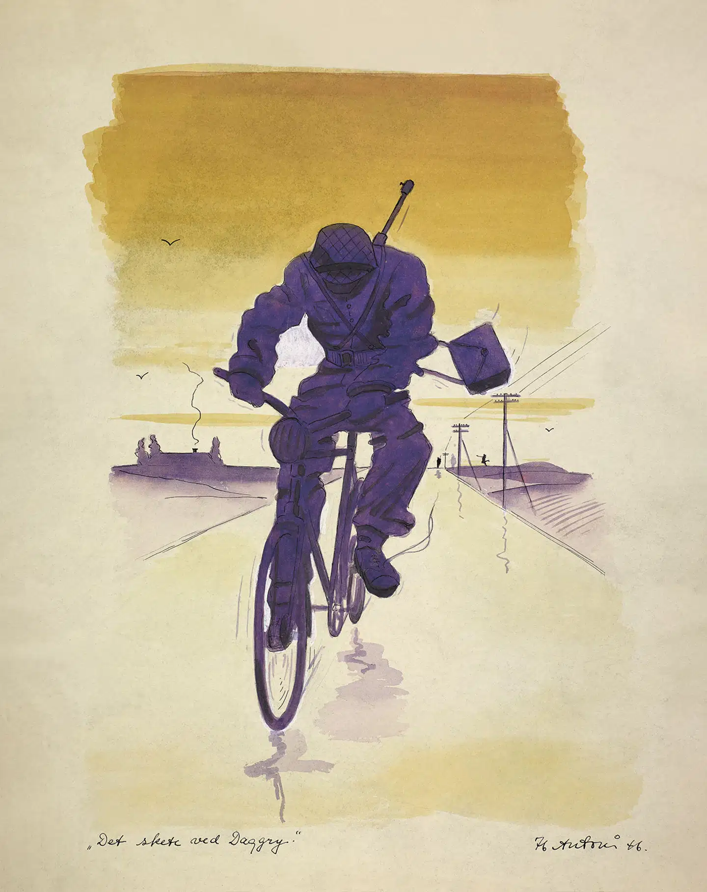 Ib Antoni lærte FDF-førerne Milton Sigvard Nielsen og Knud Dreyer Sørensen at kende på FDF-sommerlejre. Begge var aktive i modstandskampen. Skitsen »Det skete ved Daggry« af en frihedskæmper på cykel tegnede Ib Antoni i 1946, da han var 17 år gammel. Milton Sigvard Nielsen blev dræbt af nazisterne. Illustration fra udstillingen.